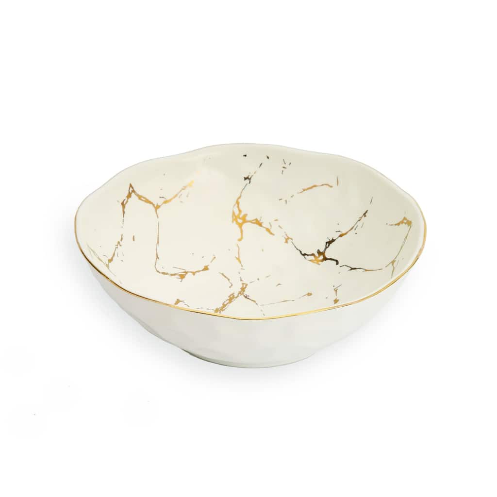 White Porcelain Bowl with Gold Marble Design - 7"D