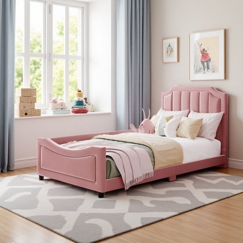 Twin Upholstered Daybed with Scalloped Velvet Headboard, Sturdy Wood Frame, No Box Spring Required Design