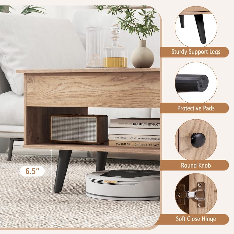 Open Shelf Coffee Table with Lift-Top Workstation and Hidden Storage Cabinet for Living Room - 39.5" x 19.5" x 18" (L x W x H)