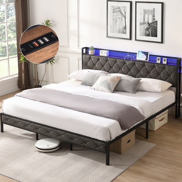 King Bed Frame with Storage Headboard Charging Station LED Lights Upholstered Platform Bed Metal Slats No Box Spring Needed On Sale Bed Bath Beyond 39458161