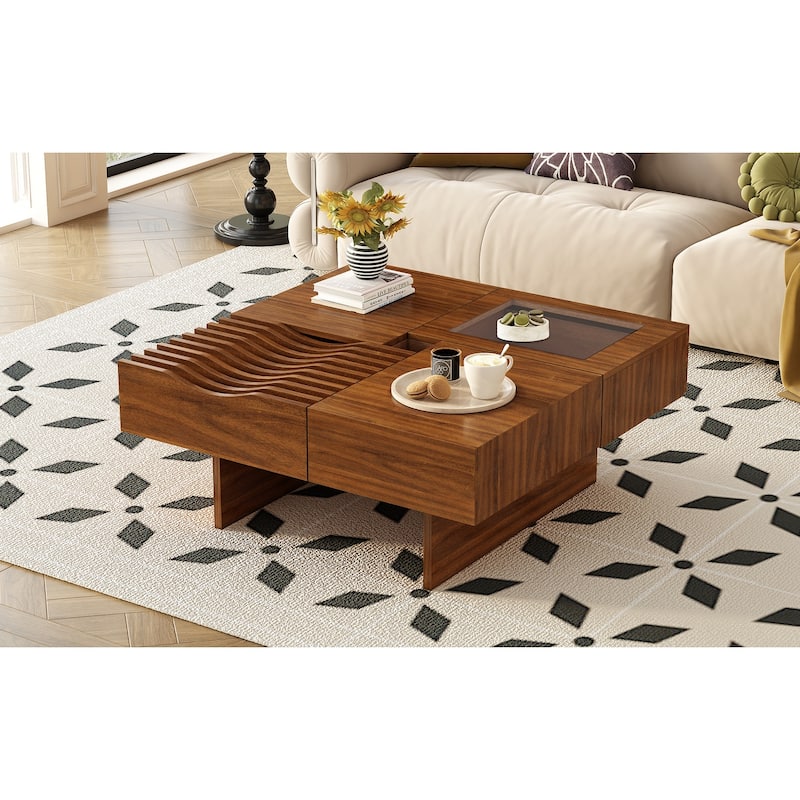 Roomfitters Square Mid-Century Coffee Table with Glass Top and 3 Storage Compartments, Solid Wood Legs