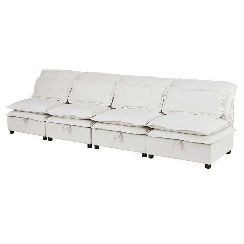 Double-Layer Cushion Modular 4-Seater Sofa with Storage, Beige Polyester