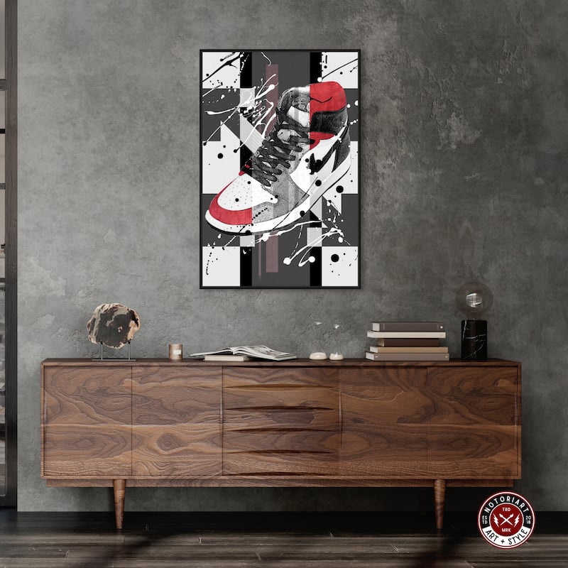 Notoriart Flashy Red Sneaker Framed Sneaker 1 Piece Canvas Wall Art