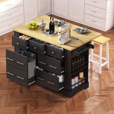51.2" Rolling Kitchen Island with Drop Leaf, Kitchen Island with 6 Drawers, Pull Out Trash Can Storage and Power Outlet