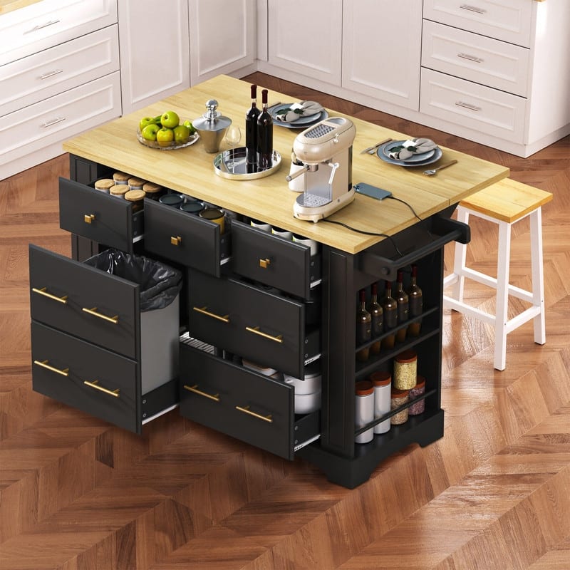 51.2" Rolling Kitchen Island with Drop Leaf, Kitchen Island with 6 Drawers, Pull Out Trash Can Storage and Power Outlet