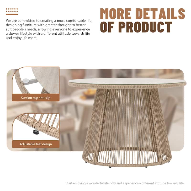 Modern Outdoor Round Glass Top Table with Woven Rattan Base