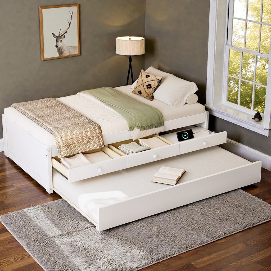 Platform Bed with Trundle, 2 Storage Drawers and Built In Power Strip, Solid Wood Bed Frame