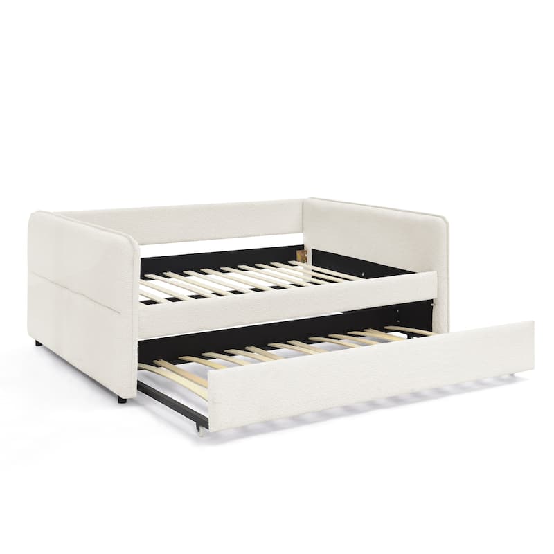 Daybed with Trundle Upholstered Tufted Sofa Bed, Full Size, Boucle Fabric, Beige(83"x58.5"x29.5")
