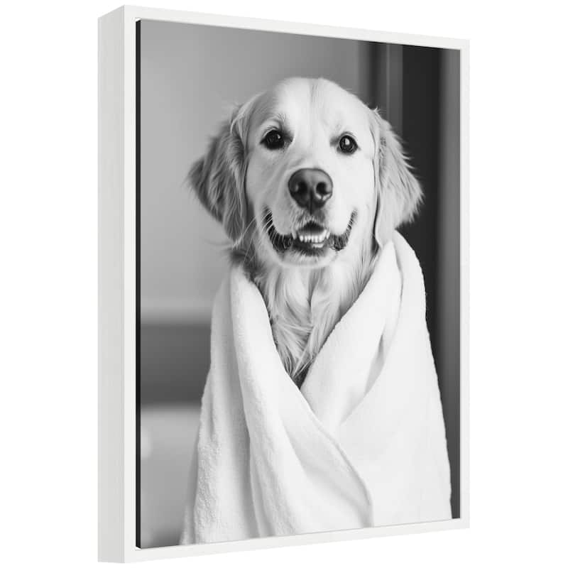 Kate and Laurel Sylvie Golden Retriever Bathroom Towel Robe Black and White Framed Canvas by The Creative Bunch Studio - 18x24 - White