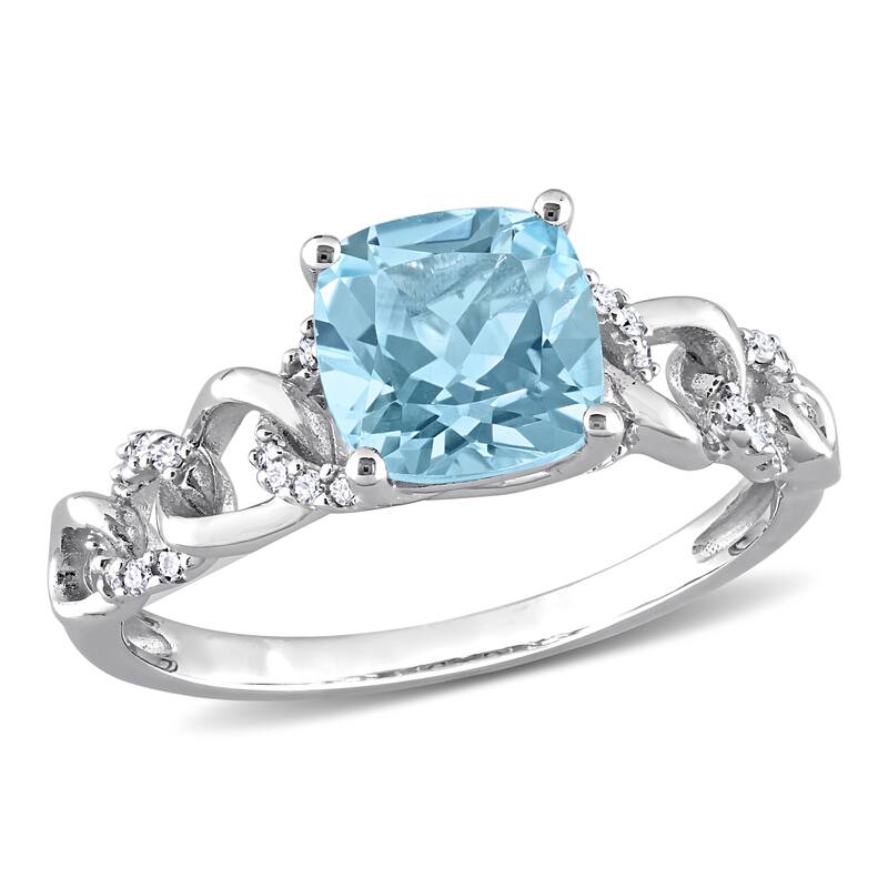 Miadora Cushion Sky Blue Topaz and 1/10ct TDW Diamond Link Engagement Ring in 10k White Gold