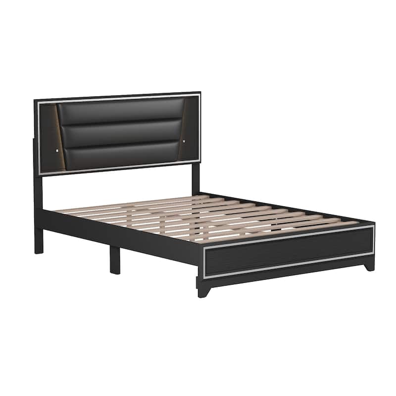 Black Queen Bed Frame with LED Lights and Shiny Decoration PU Upholstered Easy Assembly