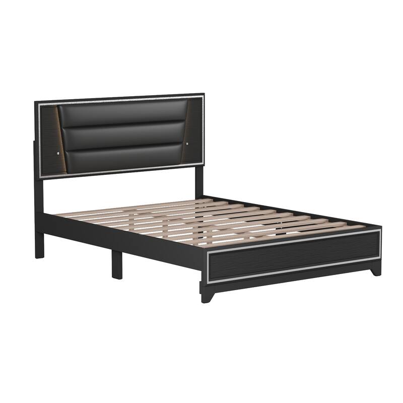 Queen Size PU Upholstered Bed with LED Light Strips