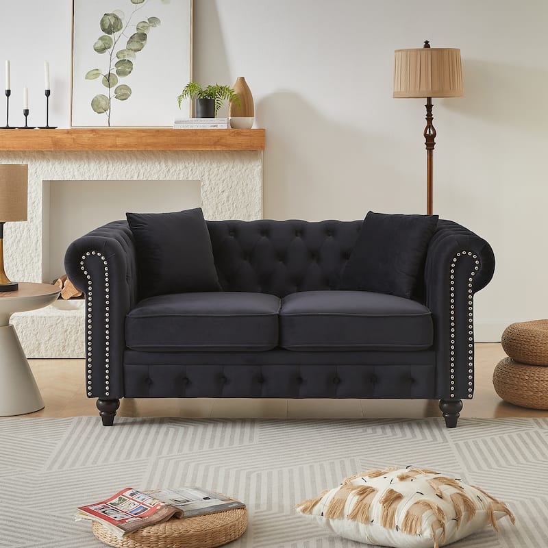 Classic Chesterfield Loveseat Sofa with Depp Seat and Nailheads Accent - Black