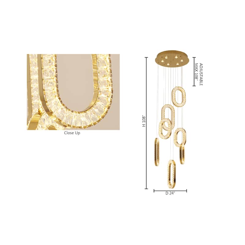 13-Light Gold LED Chandelier With Clear Crystal Pendants