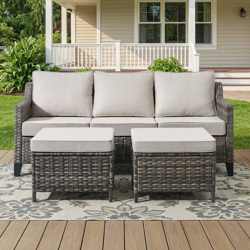 Meyreso Gray Wicker 3-Seat Patio Sofa with 4-Inch Thick Cushions and ottomans