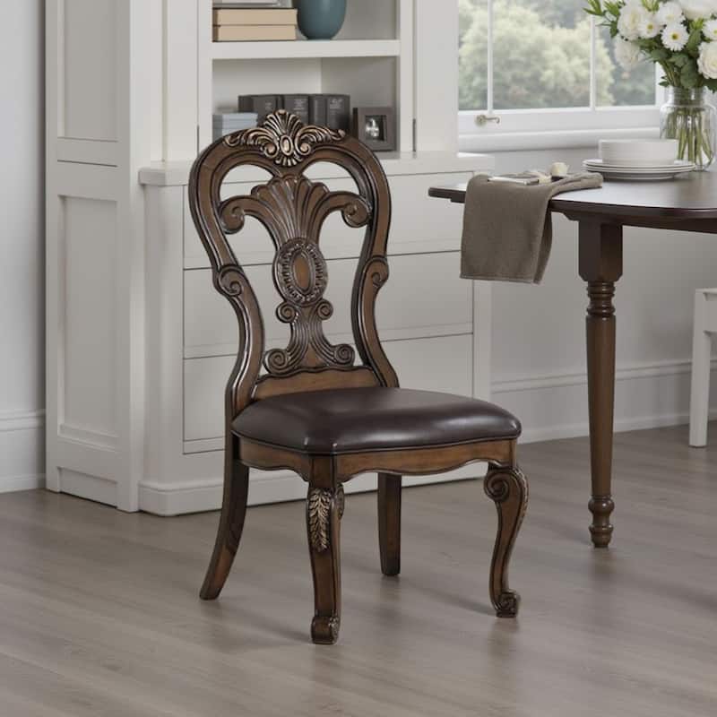 Leova Side Dining Chair Set of 2, Carved Corbels, Gold Tip Crown, Brown Wood