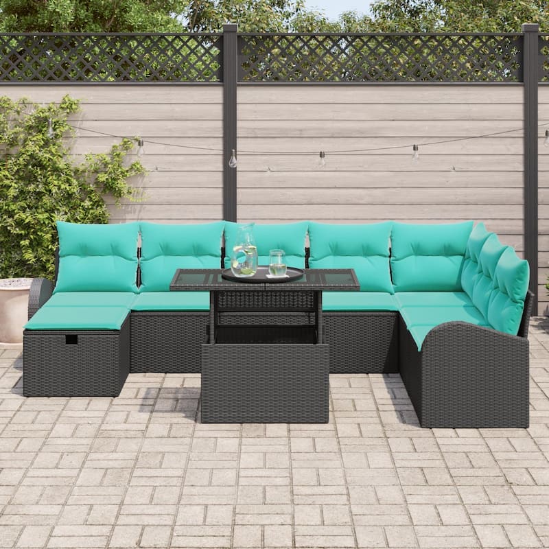 vidaXL 9 Piece Garden Sofa Set with Cushions Black Poly Rattan - 113.8×70.5×27.2