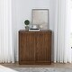 preview thumbnail 1 of 8, Roomfitters Mid Century Sideboard, Sliding Doors, Solid Wood Decorative Strips, Storage Cabinet, Walnut Walnut