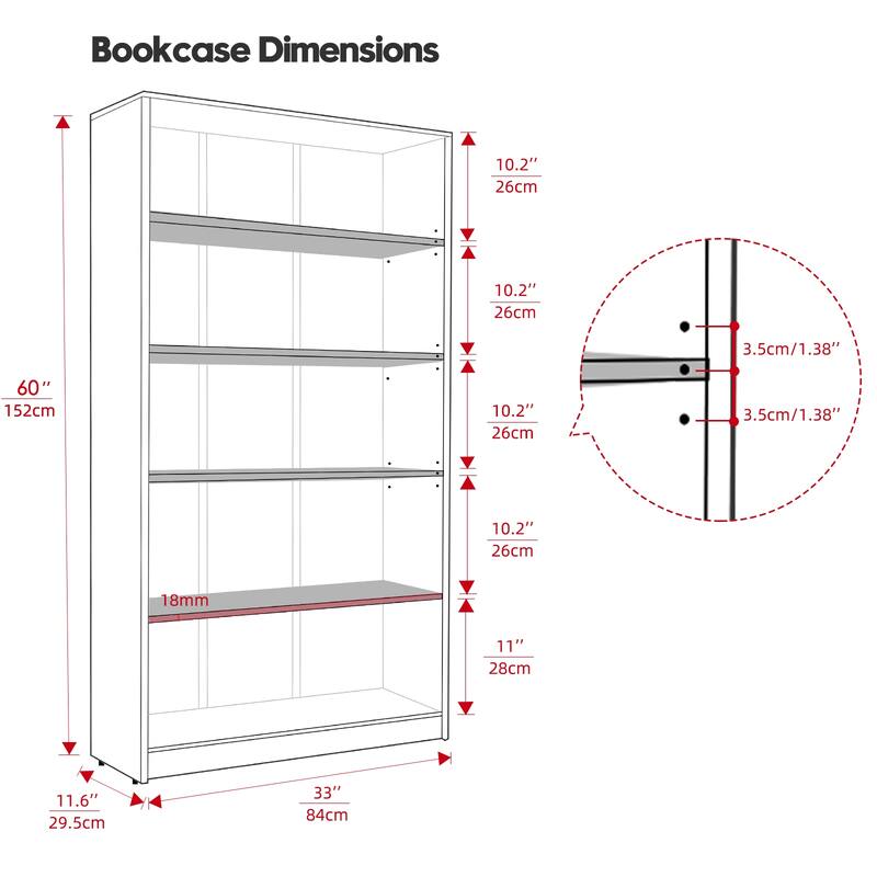 5 Shelf Modern Wood Bookshelf - 60 Inch Tall, Wide Manga & Bookcase for Bedroom & Living Room Library Bookcase