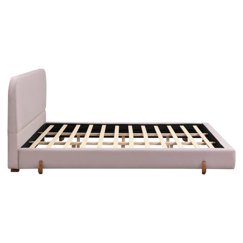 King Size Velvet Bed Frame with Headboard, Modern Upholstered Platform with Wood Legs