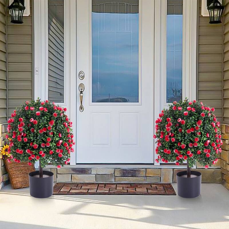 2 pcs Potted Artificial Boxwood Rose Topiary Ball Tree for Porch Garden Backyard - 21.65"