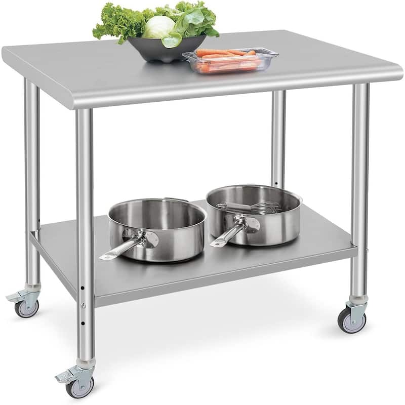 Stainless Steel Prep Table 36 x 24 Inch with 4 Wheels and Under Shelf - Silver