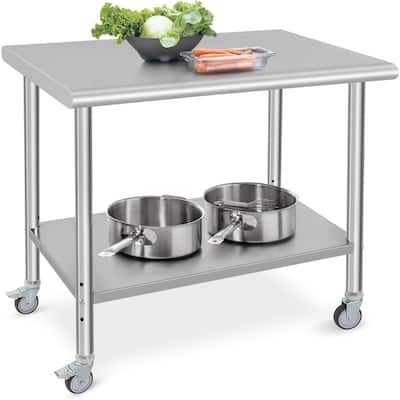 Stainless Steel Prep Table 36 x 24 Inch with 4 Wheels and Under Shelf