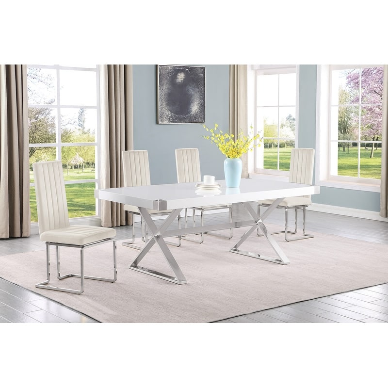 Best Quality Furniture D440/1-SC340-7 Dining Set with 78" White Lacquer Wood Top - 5-Piece - Cream / Silver