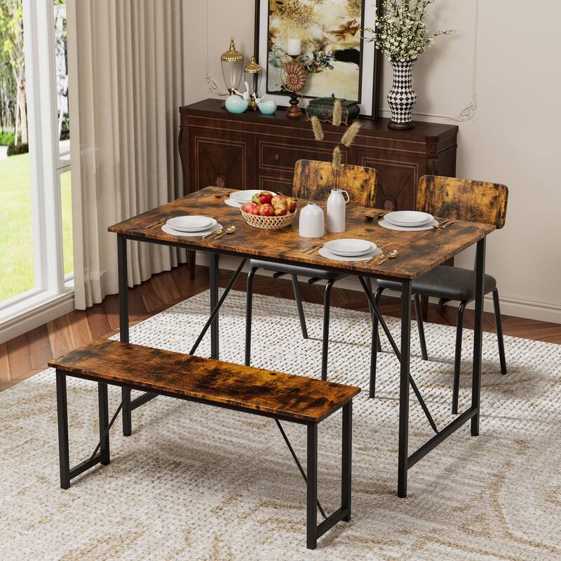 4 Piece Dining Table Set, Kitchen Room Table and 2 Chairs for 4 with Bench for Home, Kitchen, Living Room - Beige+Brown
