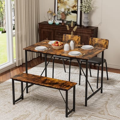 4 Piece Dining Table Set Room Table and 2 Chairs for 4 with Bench for Home, Living Room