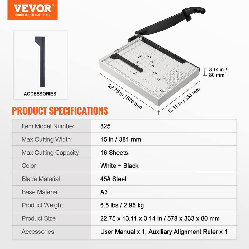 VEVOR Paper Cutter Guillotine Trimmer 15"/18" Cut Length 16/20 Sheets Capacity, Heavy Duty Guillotine Paper Cutter