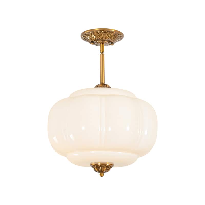 1-Light Retro Antique Brass Pumpkin Shaped Flush Mount Ceiling Light/Pendant Light with Milk/Green Glass for Kitchen,Dining Room