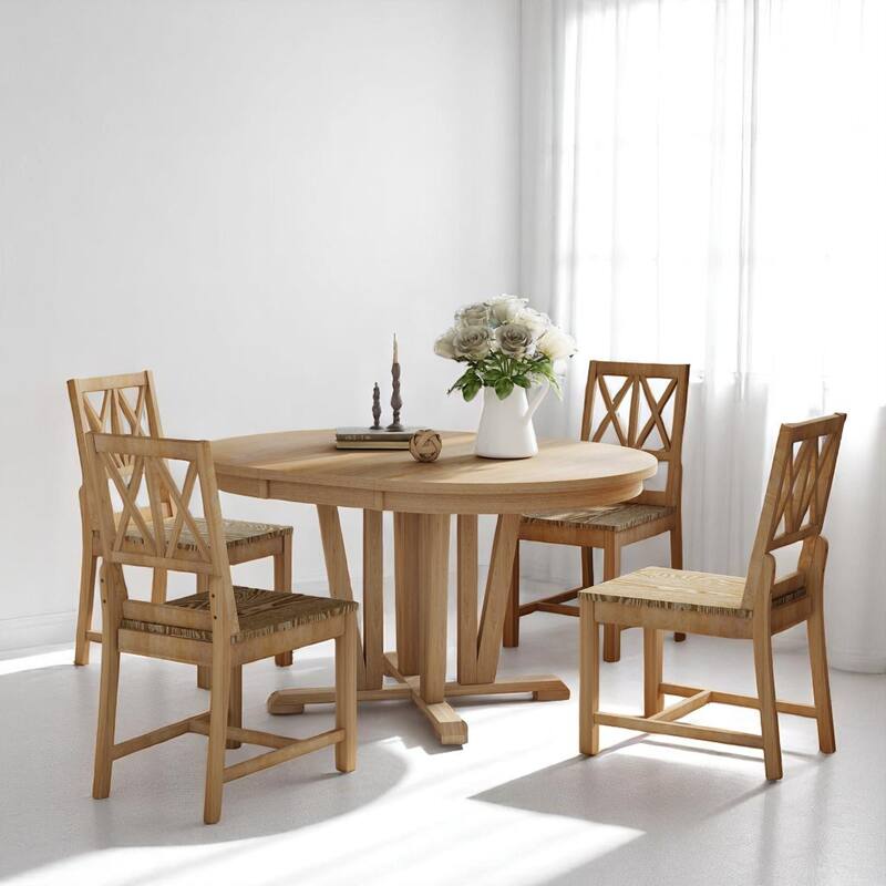5-Piece Round Dining Set with Extendable Trestle Table and Cross Back Chairs, Rustic Farmhouse Style