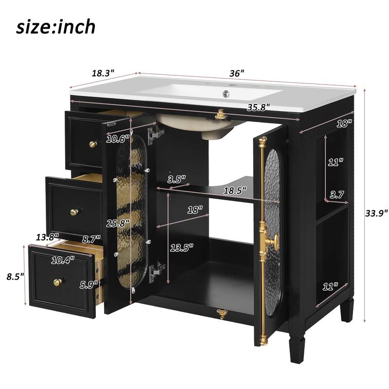 36" Modern Bathroom Vanity – Features 2 Soft-Close Doors & 3 Smooth-Glide Drawers, Solid Wood Frame for Durable Storage‌.