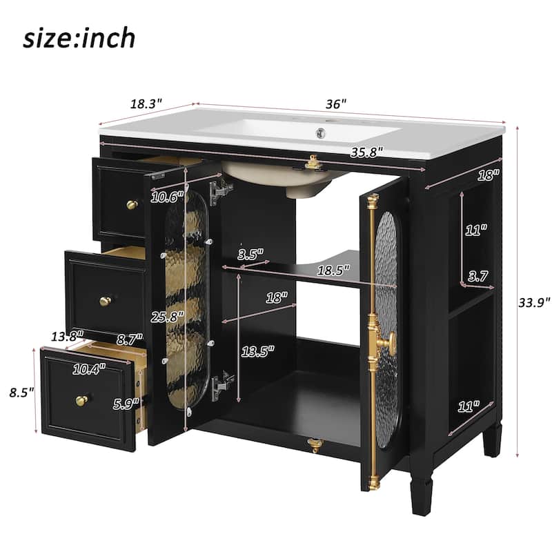 Roomfitters 36 Inch Bathroom Vanity with Sink, Freestanding Vanity Cabinet with Hammered Glass Doors and Storage Drawers, Black