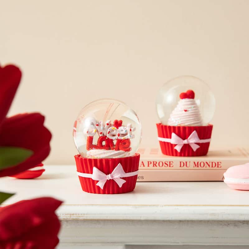 Glitzhome 3.25"H S/2 Valentine's Resin Cupcakes Waterglobes - 3.25"H