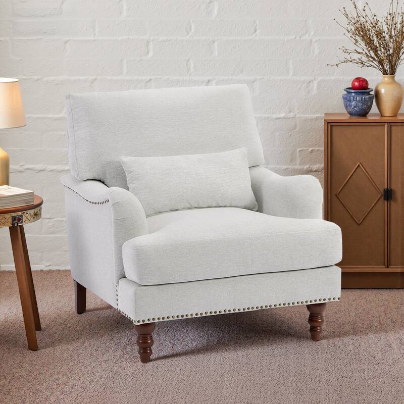 Chenille Accent Chair with Lumbar Pillow Nailhead Living Room - Beige