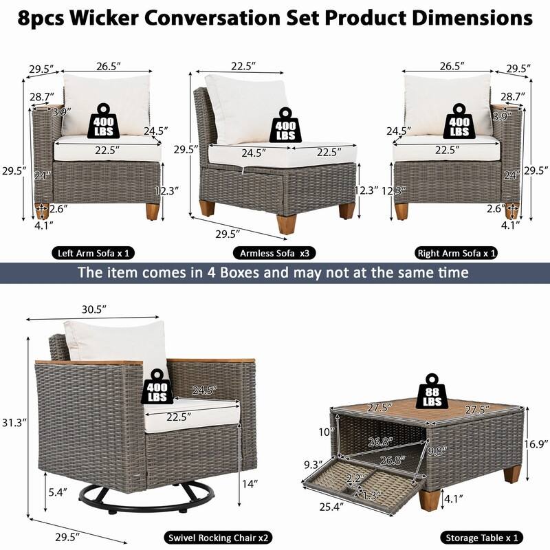 8-Piece Wicker Outdoor Conversation Set with Swivel Rocking Chairs and Acacia Wood Storage Table