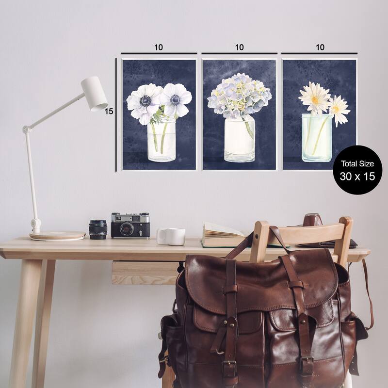 Stupell Farmhouse Flower Bouquets Navy Blue White Painting,3pc, each 10 x 15, Wood Wall Art