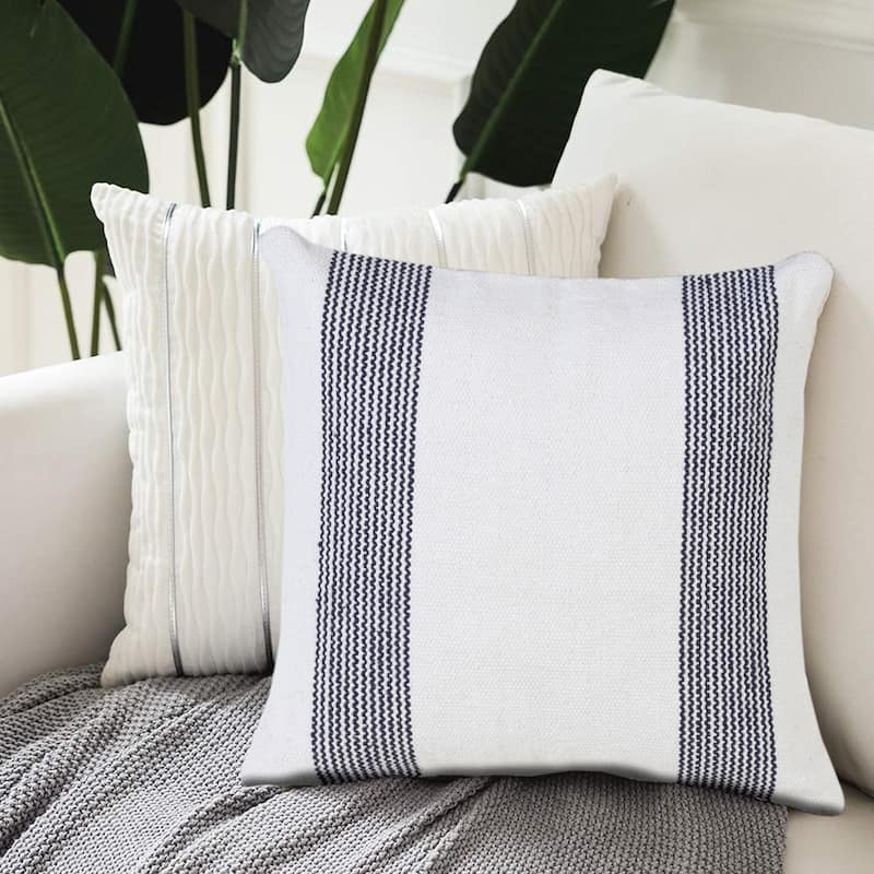 Handwoven Geometric Striped Cotton Throw Pillow Cover - 20" - Navy Blue and White