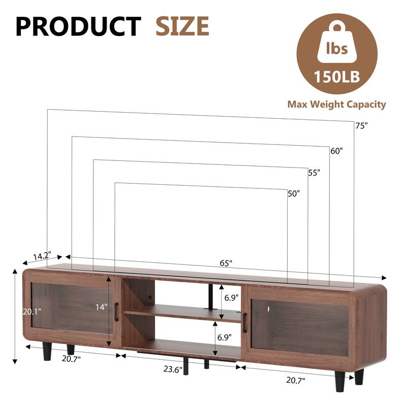 65" Mid-Century TV Stand with Glass Doors and Charging Station - Child-Safe Rounded Edges, 4-Port Power Hub