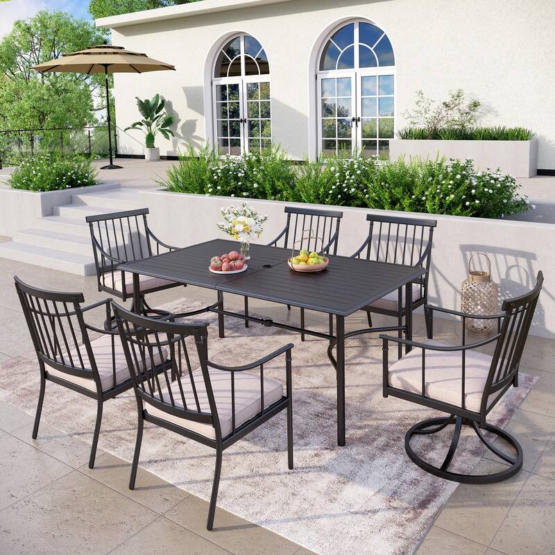 MAISON ARTS 7-Piece Outdoor Dining Set for 6, Metal Steel Dining Table with Umbrella Hole