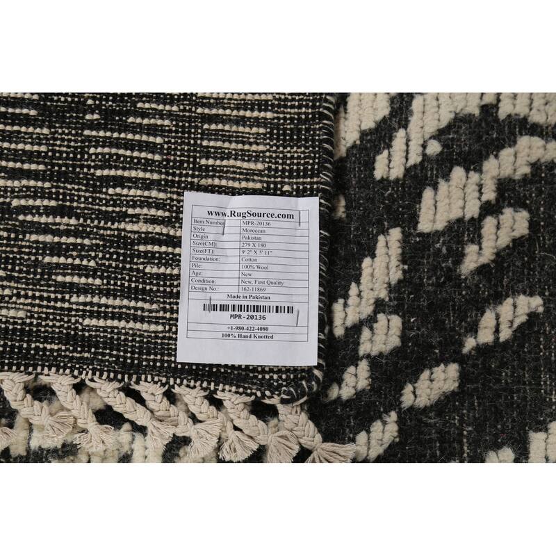 Black & Ivory Moroccan Abstract Rug Hand-Knotted Wool Carpet - 5'11"x 9'2"