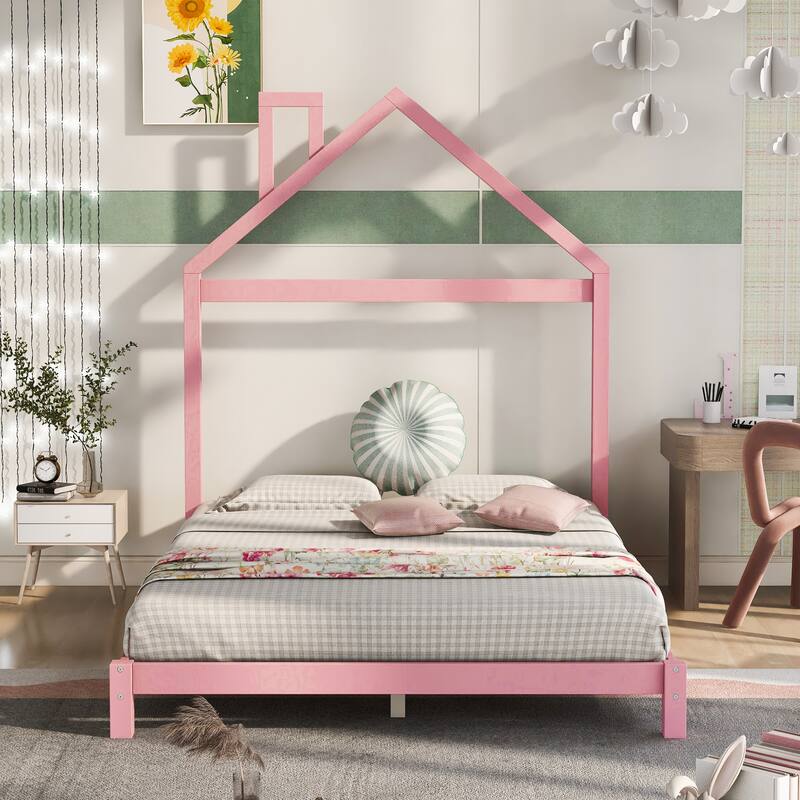 Full Size Wood Platform Bed with House-Shaped Headboard and Sturdy Pine Frame - Pink