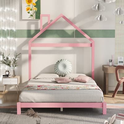Full Size Wood Platform Bed with House-Shaped Headboard and Sturdy Pine Frame