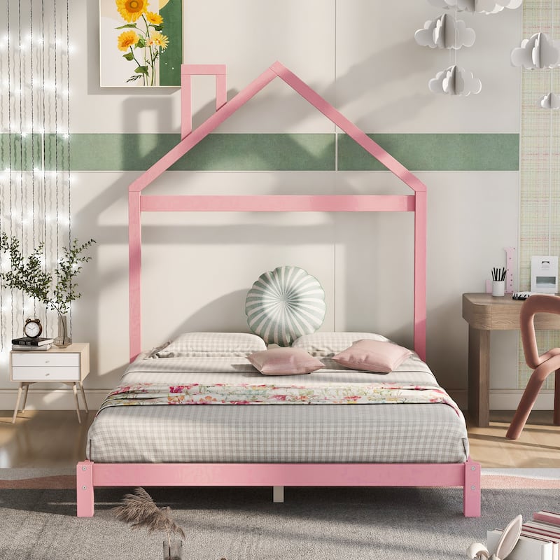 Full Size Wood Platform Bed with House-shaped Headboard