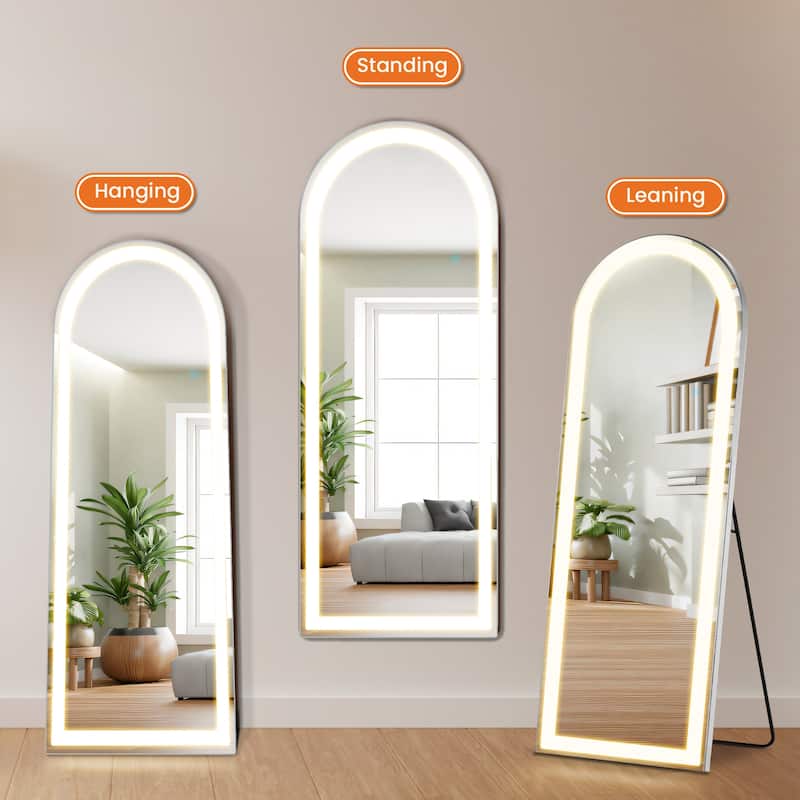 Arched Full Length Mirror with LED Lights, 26"x71" Lighted Floor Mirror with Dimming & 3 Color Lighting, Stand - 26*71