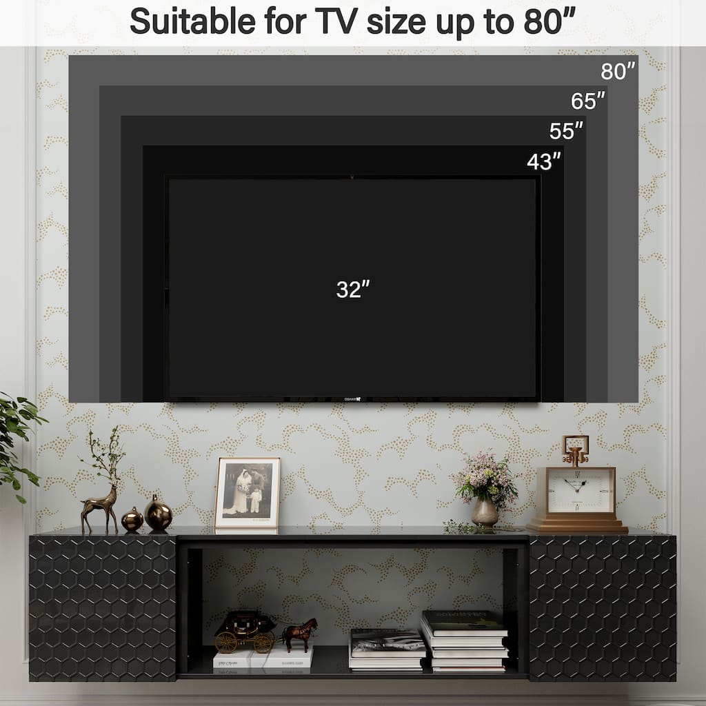 Modern Entertainment Center with Hidden Cabinets, Floating TV Wall Mount Stand, Wood Media Console Table