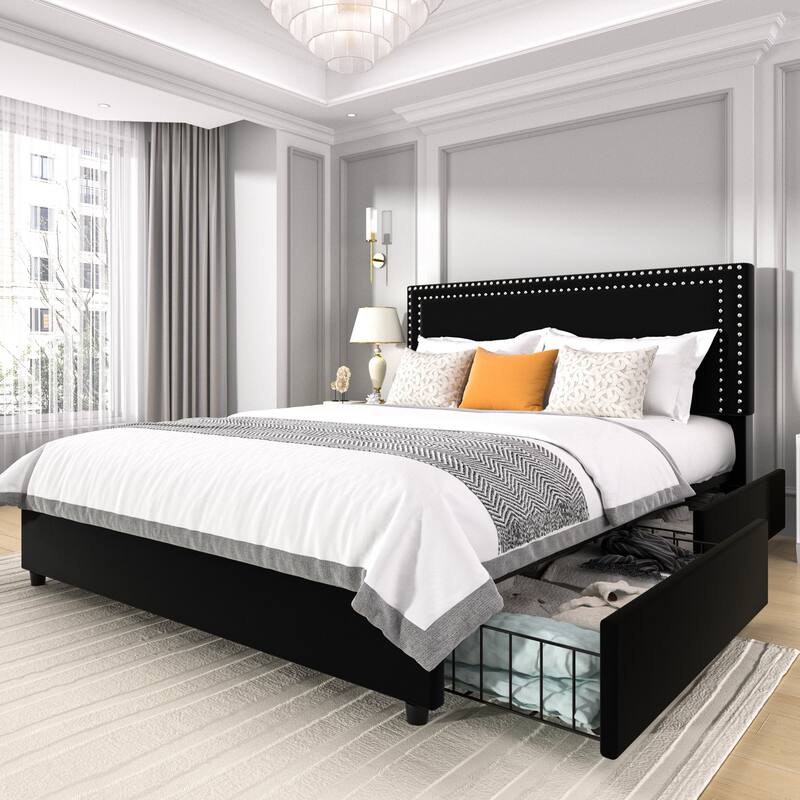 Modern Upholstered Bed Frame with Adjustable Headboard & 4 Storage Drawers Platform Fabric Bed with Button Tufted Headboard