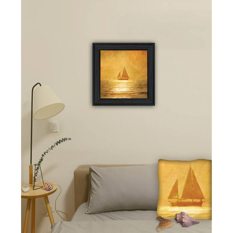 TrendyDecor4U Contemporary "Solo Gold Sunset Sailboat" Framed Print Wall Art
